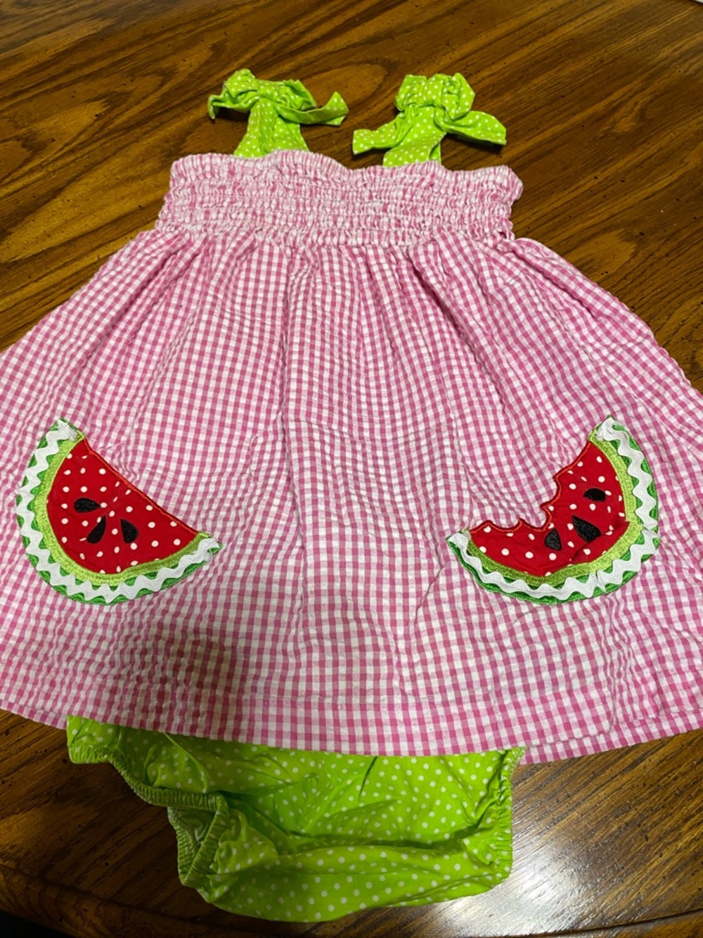 Rare Editions Pink Gingham Watermelon Dress with Lime Green Bloomers